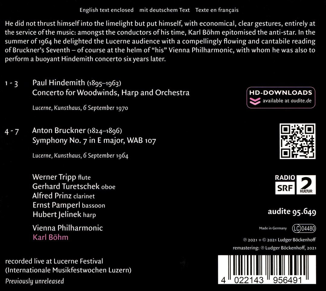 Hindemith: Concerto for Woodwinds, Harp and Orchestra; Bruckner: Symphony No. 7 cover art