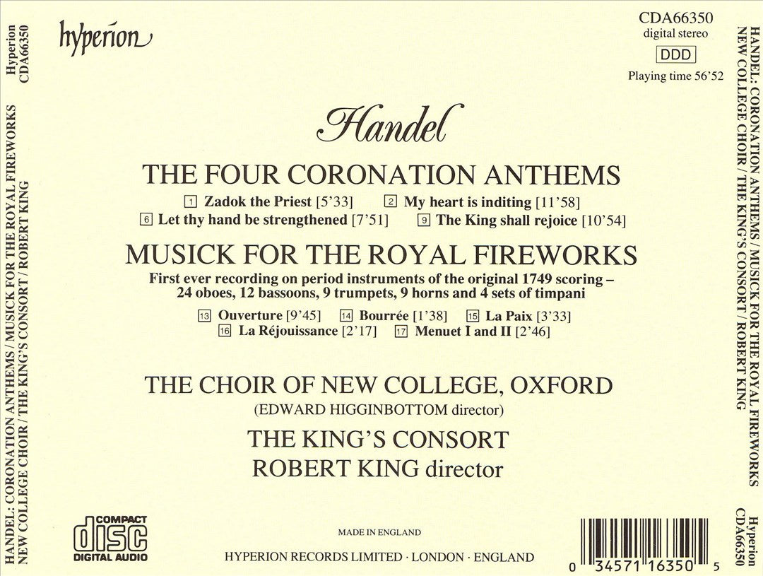 George Frideric Handel: Musick for the Royal Fireworks; Four Coronation Anthems cover art