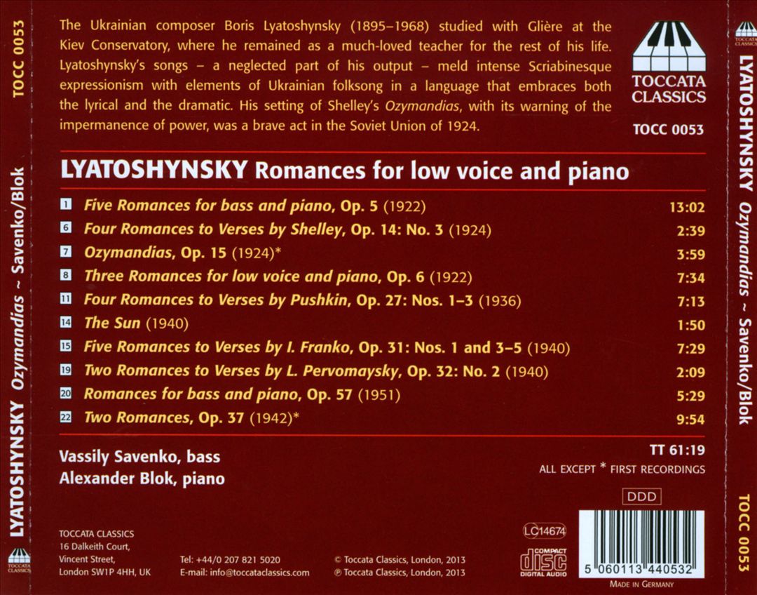 Boris Lyatoshynsky: Ozymandias and Other Romances for Low Voice and Piano cover art