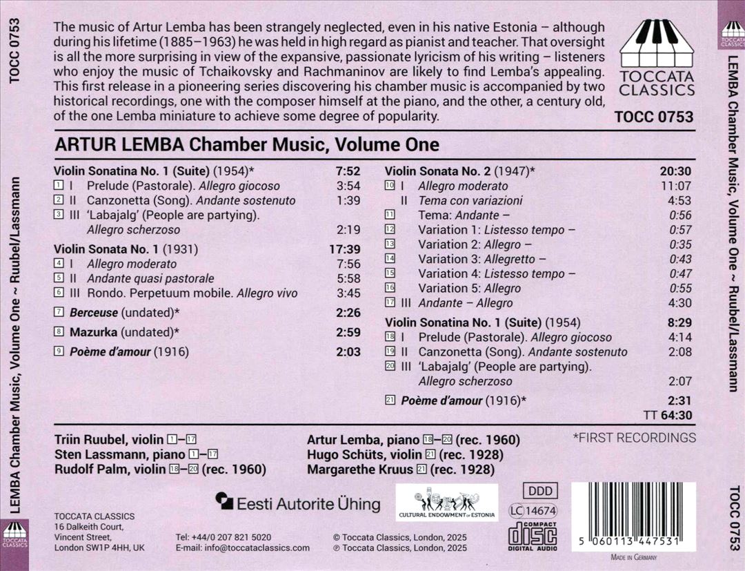 Artur Lemba: Chamber Music, Vol. 1 - Works for Violin and Piano cover art