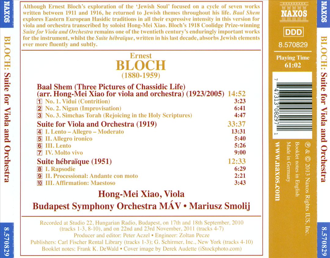 Bloch: Suite for Viola and Orchestra; Baal Shem; Suite hébraïque cover art