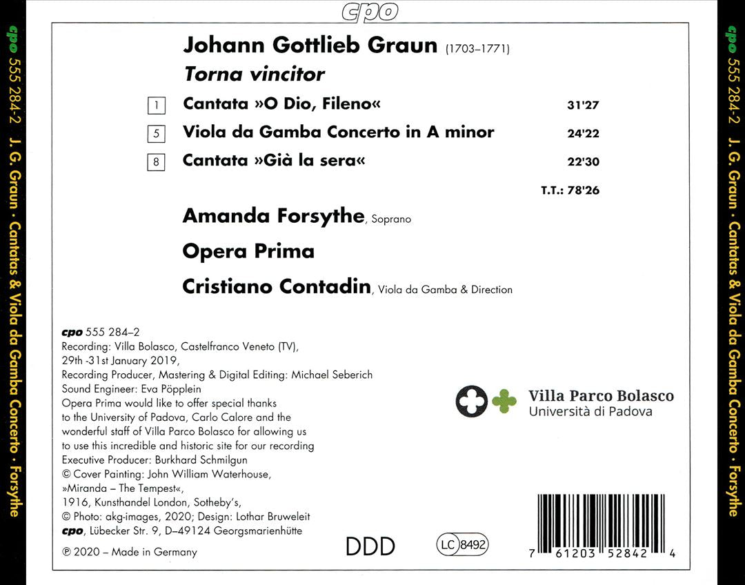 Johann Gottlieb Graun: Torna Vincitor - Cantatas & Viola da Gamba concerto cover art