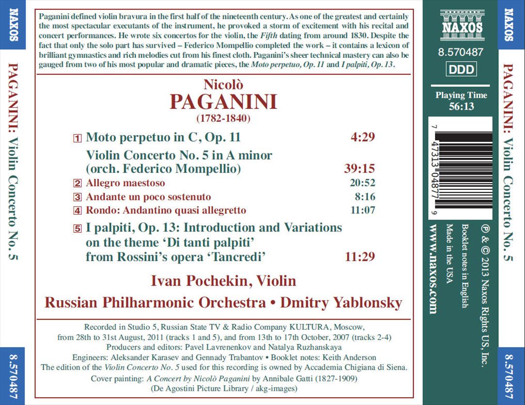 Paganini: Violin Concerto No. 5; I palpiti; Moto perpetuo cover art