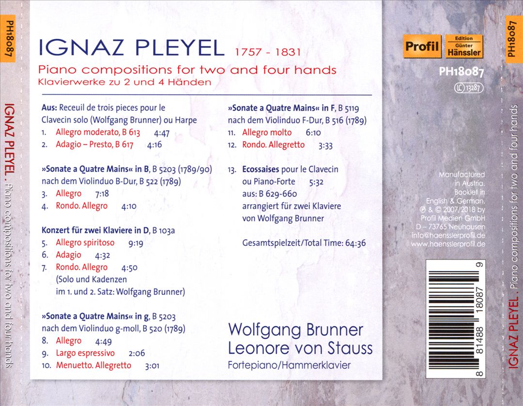 Ignaz Pleyel: Piano Compositions for Two and Four Hands cover art
