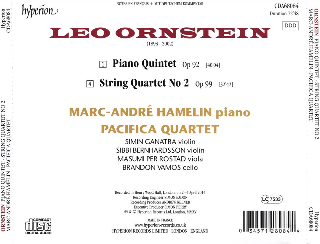 Ornstein: Piano Quintet; String Quartet No. 2 cover art