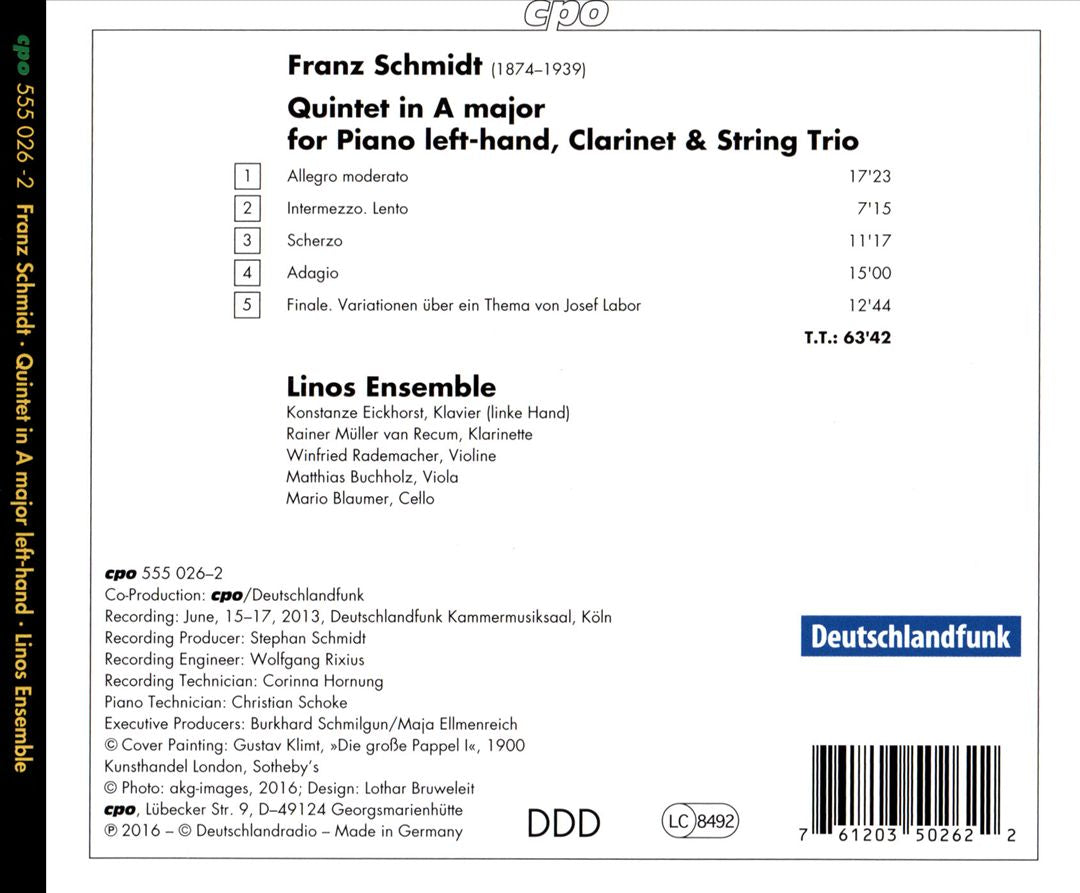Franz Schmidt: Quintet in A major for Piano left-hand, Clarinet & String Trio cover art