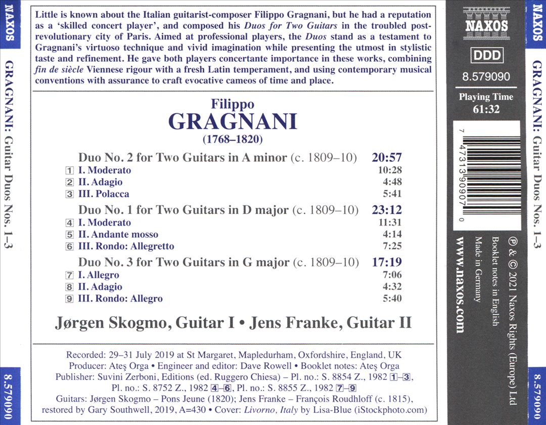 Filippo Gragnani: Masterful Guitar Duos - Duos Nos. 1-3 for Two Guitars cover art