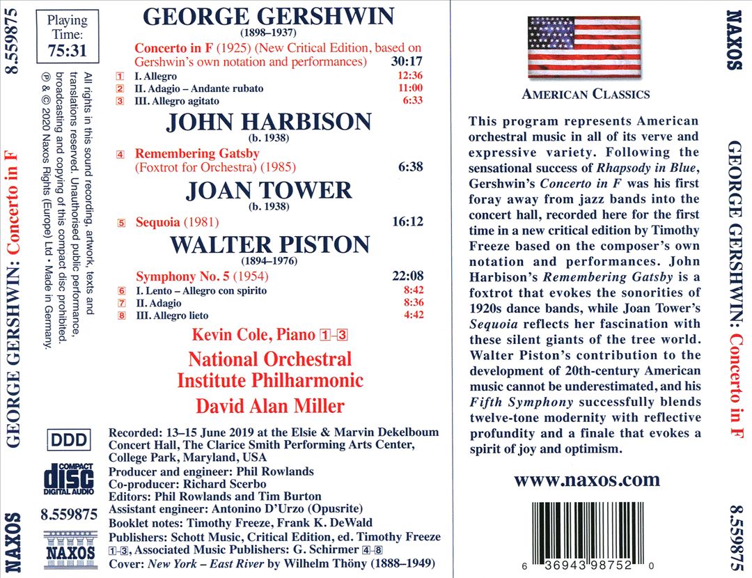 Gershwin: Concerto in F; Tower: Sequoia; Piston: Symphony No. 5; Harbison: Remembering Gatsby cover art