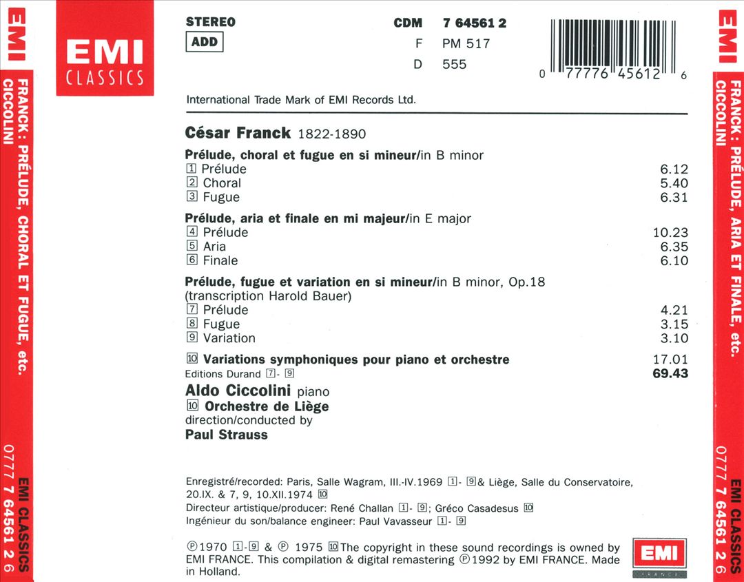 Franck: Prélude, Choral et fugue; Prélude Aria et final; Prélude, fugue & variation; Variations symphoniques cover art