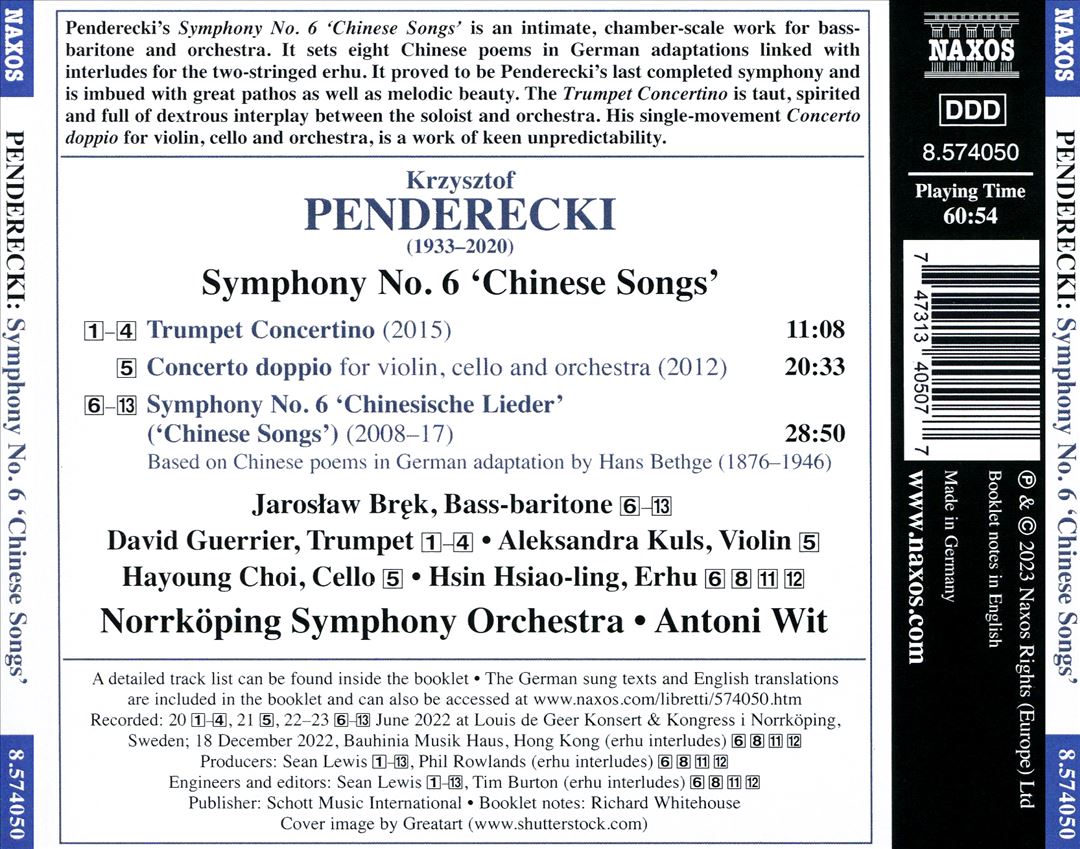 Penderecki: Symphony No. 6 'Chinese Songs'; Trumpet Concertino; Concerto doppio cover art