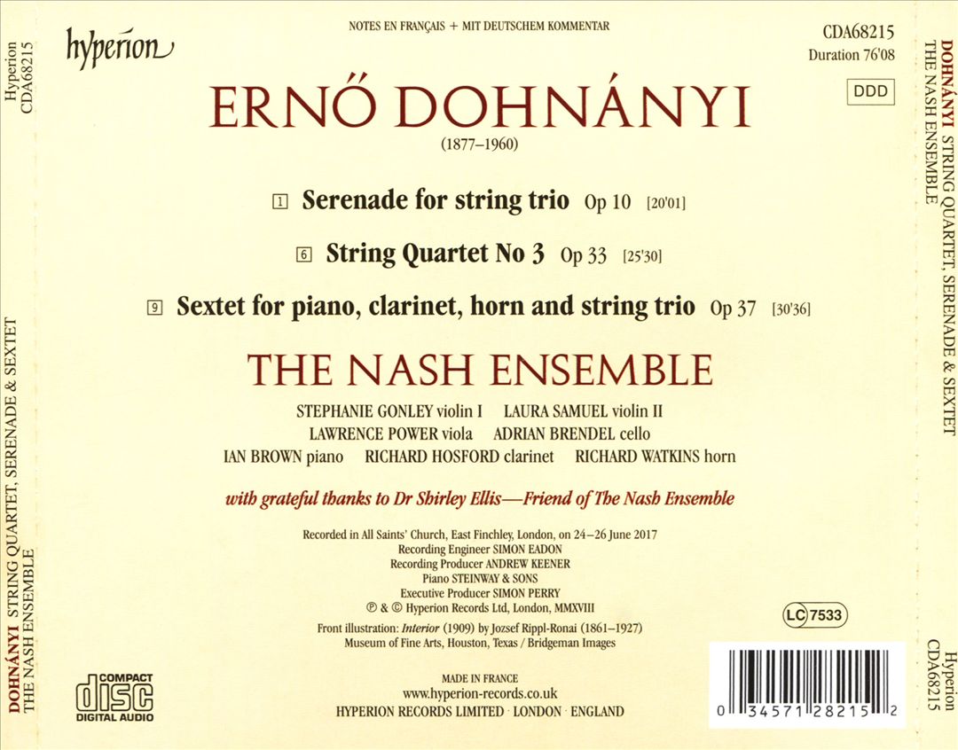 Dohnányi: String Quartet No. 3; Serenade for String Trio; Sextet for Piano, Clarinet, Horn & String Trio cover art