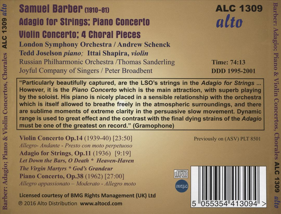Samuel Barber: Adagio for Strings; Piano & Violin Concerto; Choral Pieces cover art