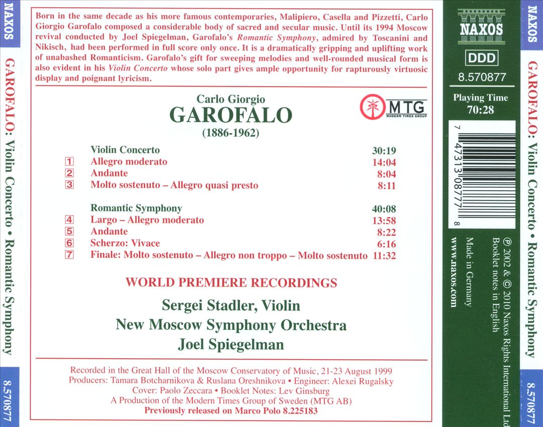 Carlo Giorgio Garofalo: Violin Concerto; Romantic Symphony cover art