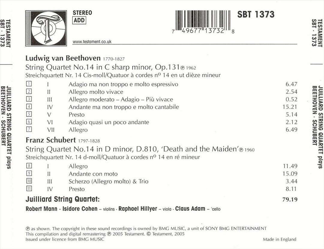 Julliard String Quartet Plays Beethoven, Schubert cover art