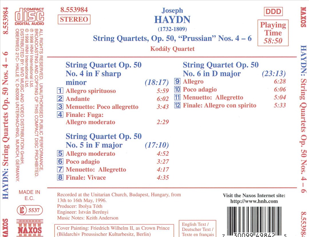 Haydn: String Quartets "Prussian", Op. 50, Nos. 4-6 cover art