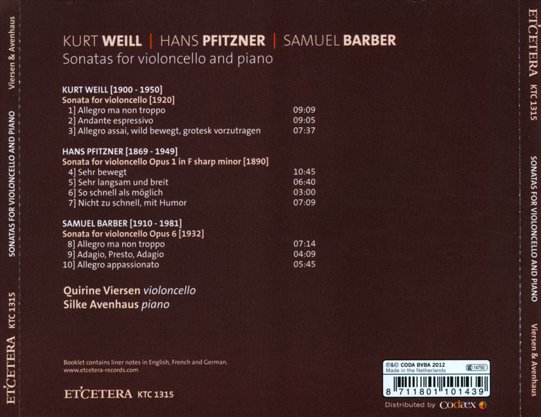 Weill, Pfitzner, Barber: Sonatas for violoncello & piano cover art