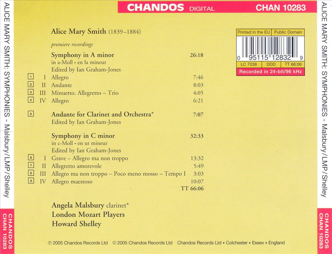 Alice Mary Smith: Symphony in A minor; Symphony in C minor; Andante for Clarinet cover art
