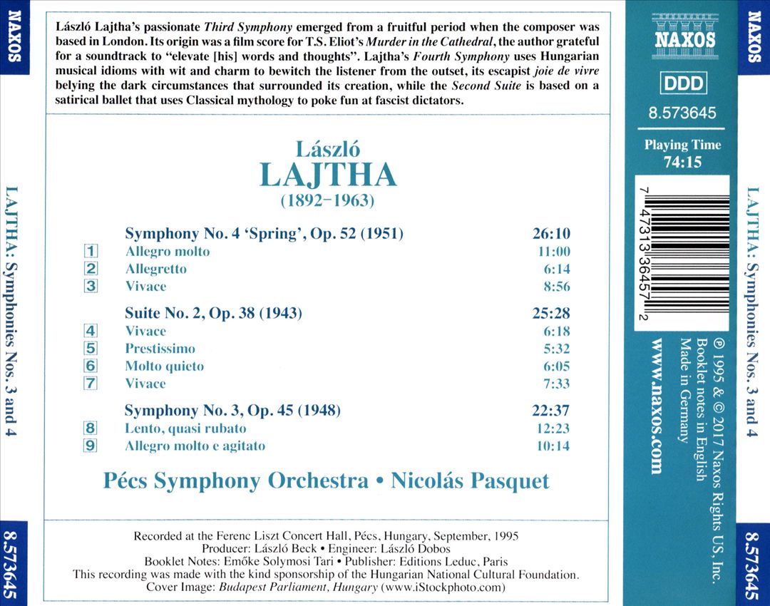 László Lajtha: Symphonies Nos. 3 and 4 "Spring"; Suite No. 2 cover art