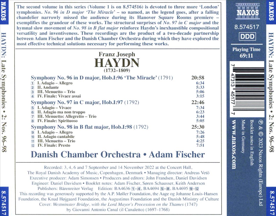 Haydn: Late Symphonies, Vol. 2 - Nos. 96 'The Miracle', 97 and 98 cover art