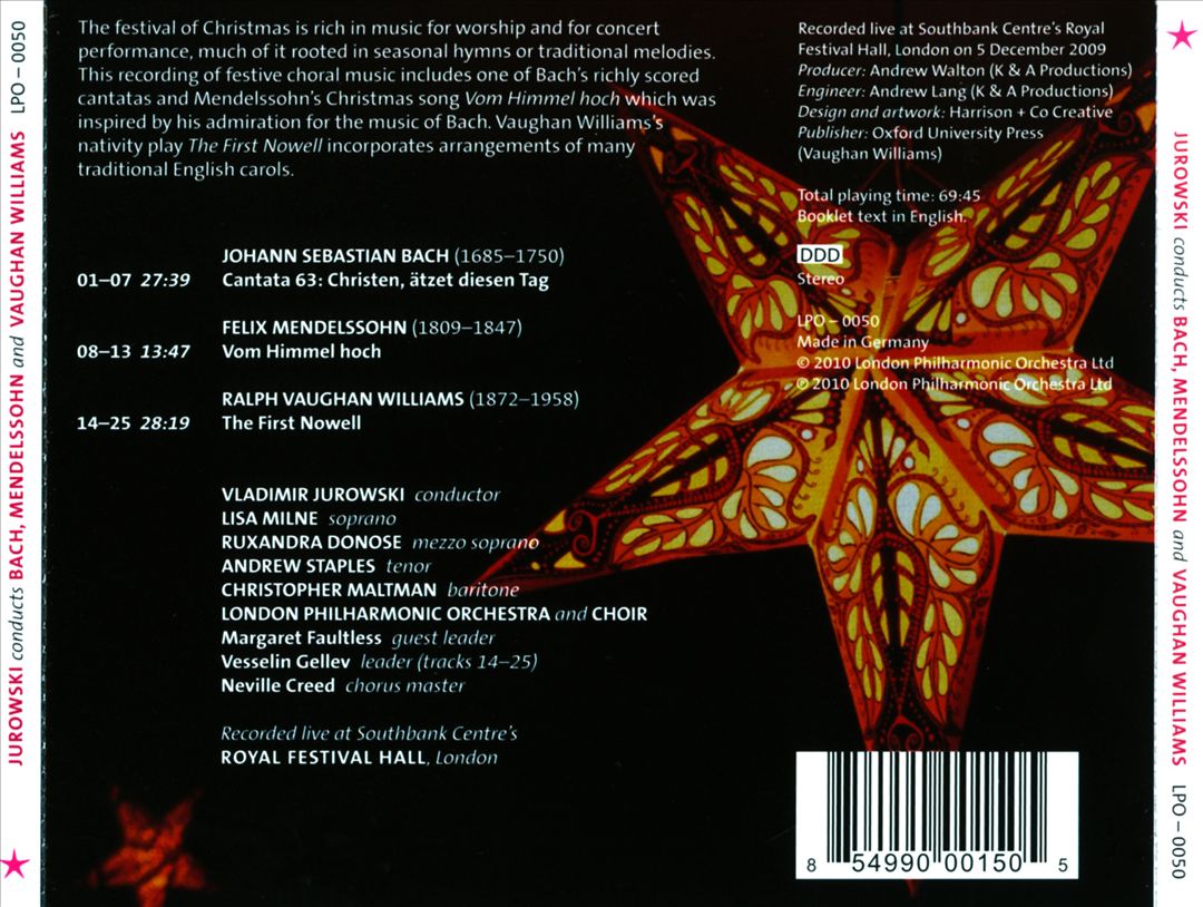 Vaughan Williams: First Nowell; Bach: Cantata 63; Mendelssohn: Vom Himmel Hoch cover art