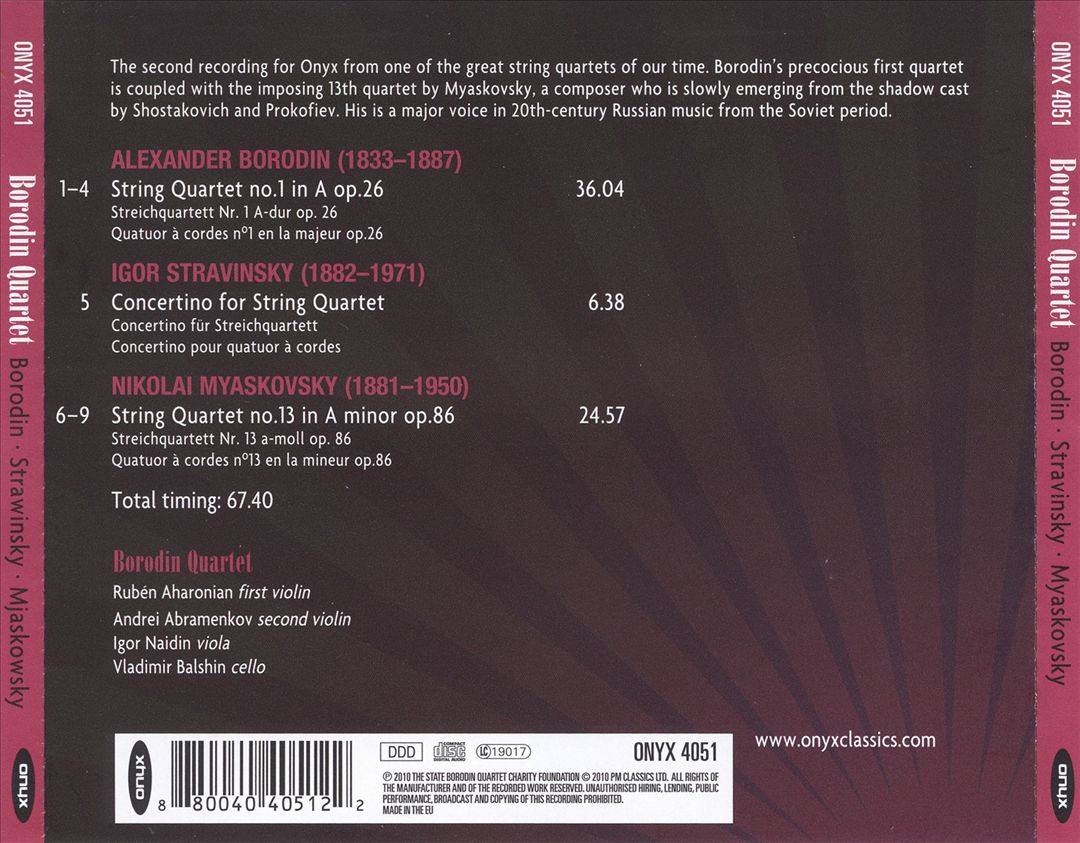 Borodin: String Quartet No. 1; Stravinsky: Concertino; Myaskovsky: String Quartet No. 13 cover art