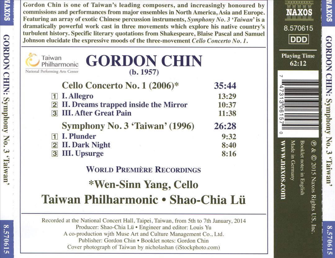 Gordon Chin: Symphony No. 3 "Taiwan"; Cello Concerto No. 1 cover art