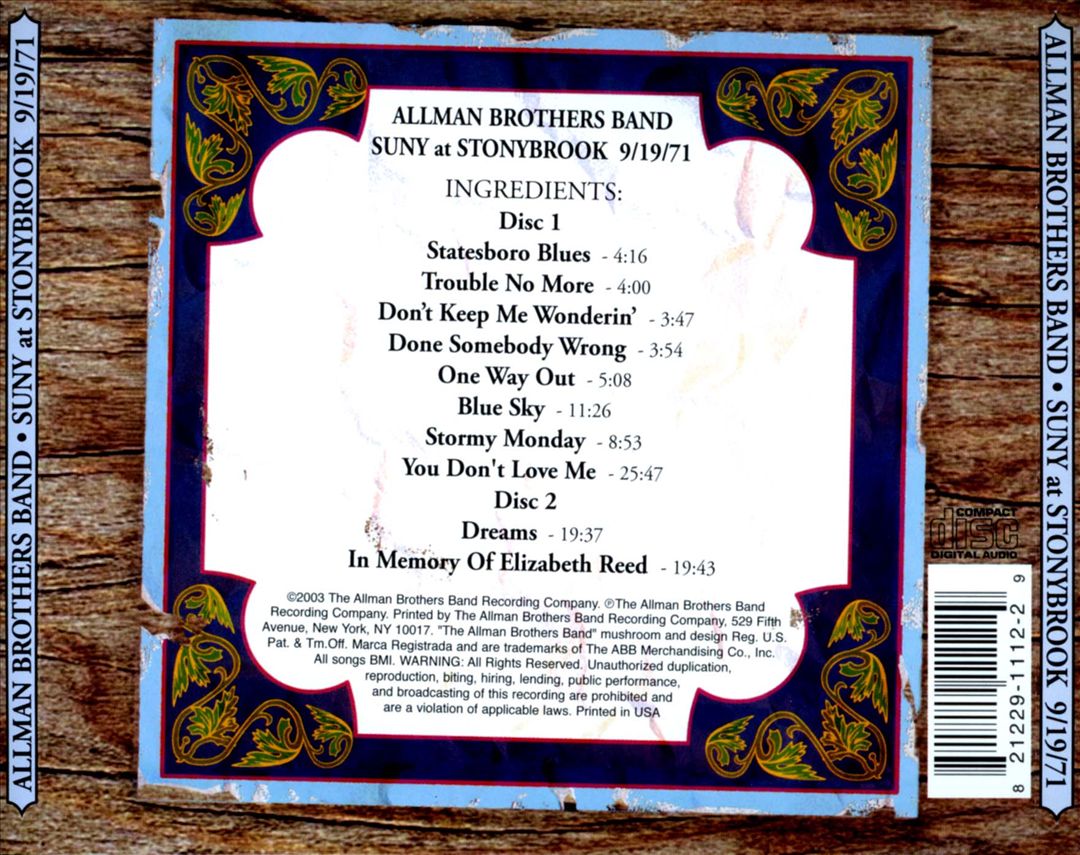 S.U.N.Y. at Stonybrook: Stonybrook, NY 9/19/71 cover art