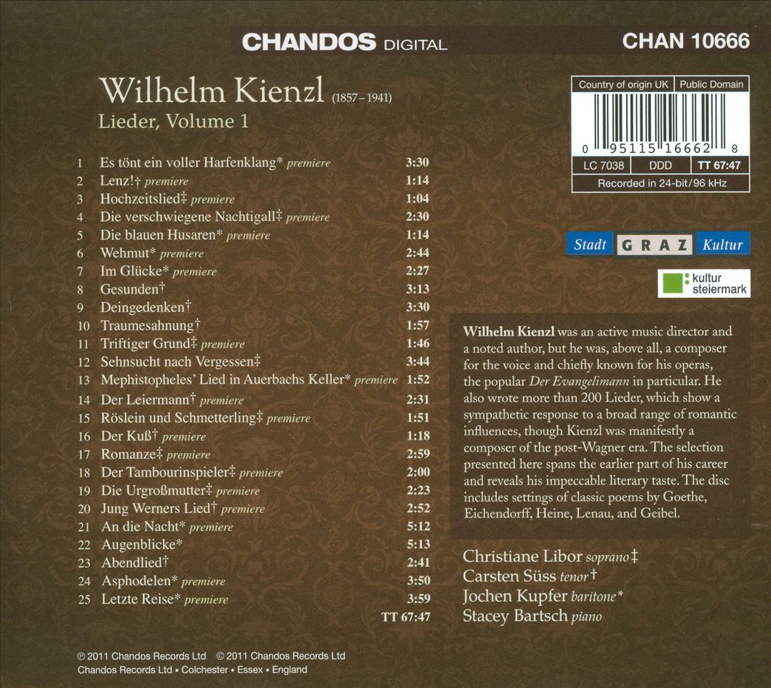Wilhelm Kienzl: Lieder, Vol. 1 cover art