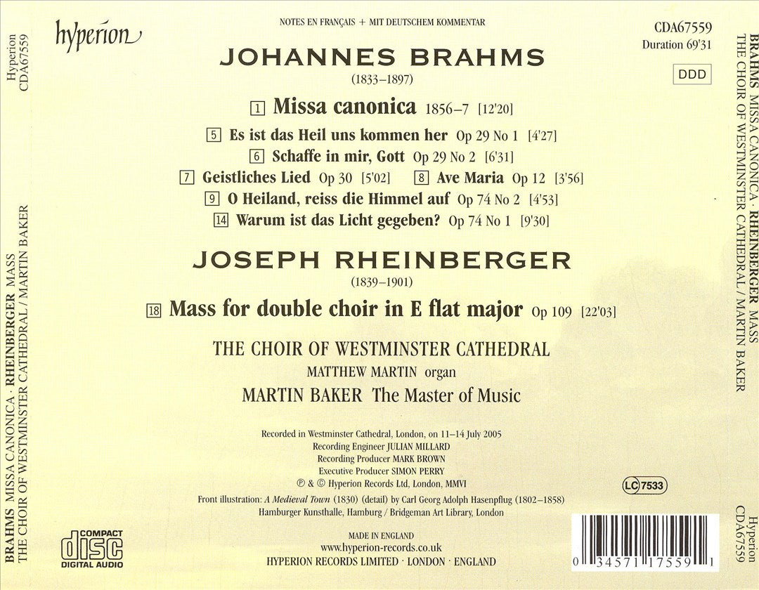 Brahms: Missa canonica; Rheinberger: Mass cover art