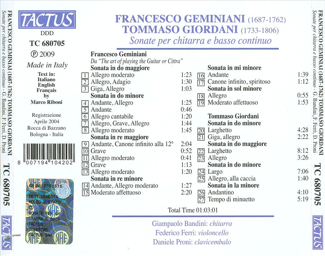 Francesco Geminiani, Tomasso Giordani: Sonate per chitarra e basso continuo cover art