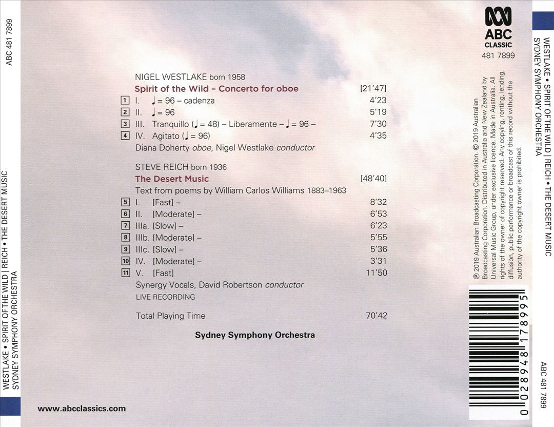Nigel Westlake: Spirit of the Wild; Steve Reich: The Desert Music cover art