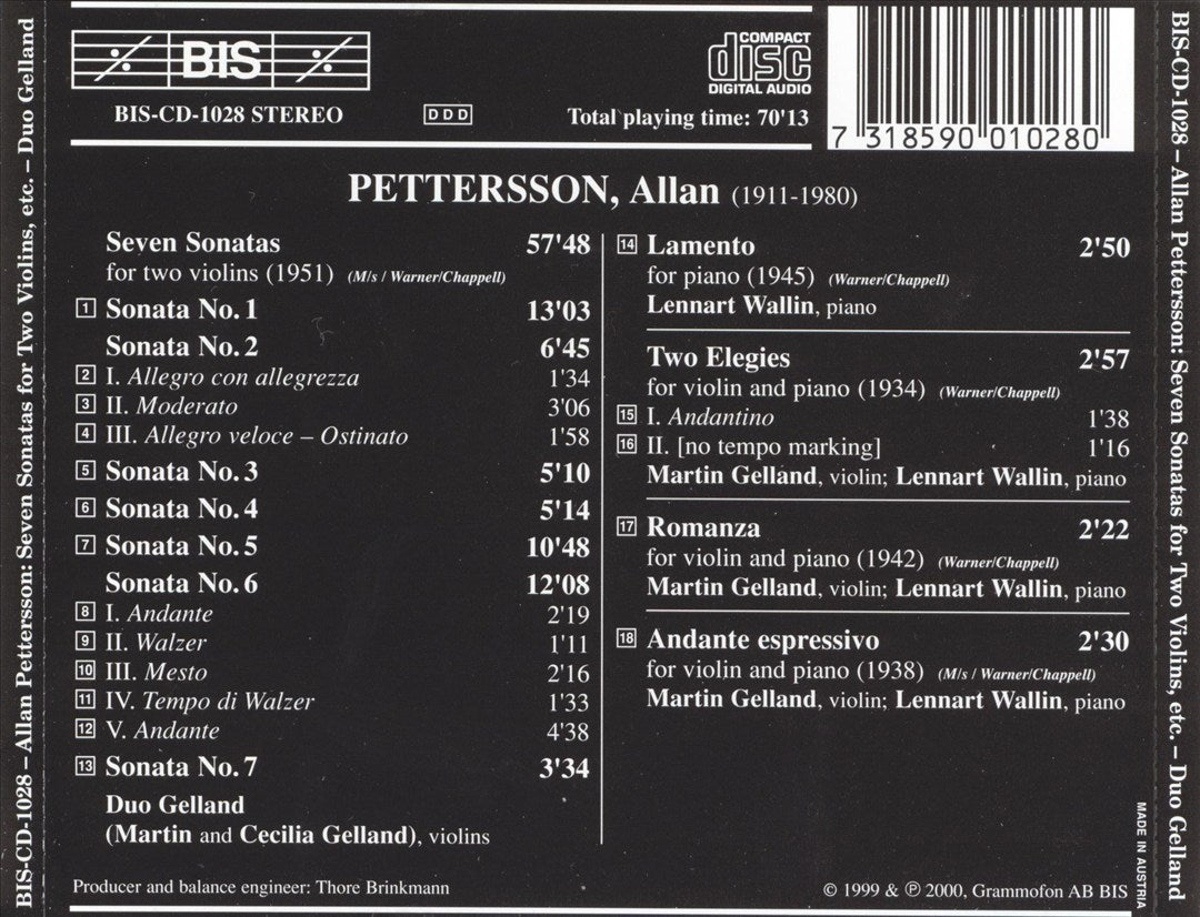 Allan Pettersson: Sonatas for Two Violins cover art