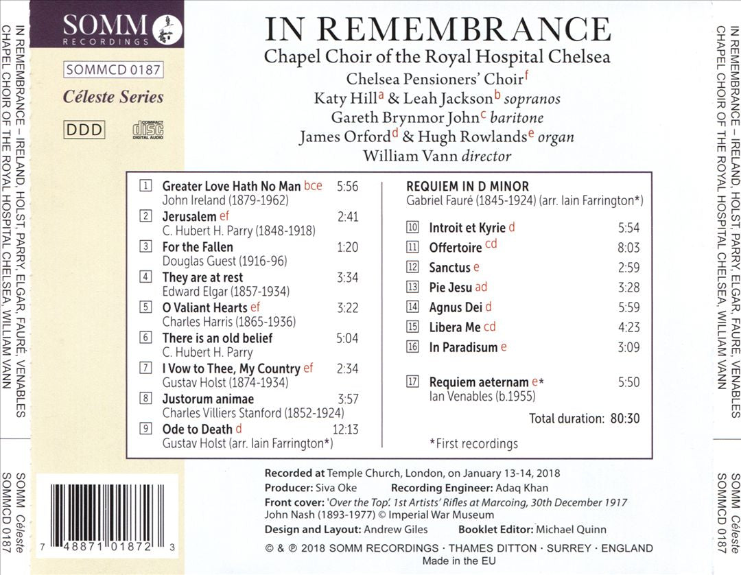 In Remembrance: Choral Music by Ireland, Holst, Parry, Elgar, Fauré, Venables cover art