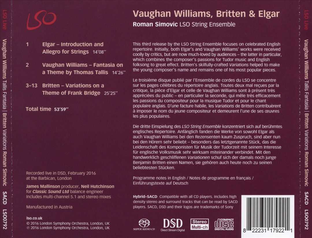 Vaughan Williams: Fantasia on a Theme by Thomas Tallis; Britten: Variations on a Theme of Frank Bridge; Elgar: Introduction and Allegro cover art