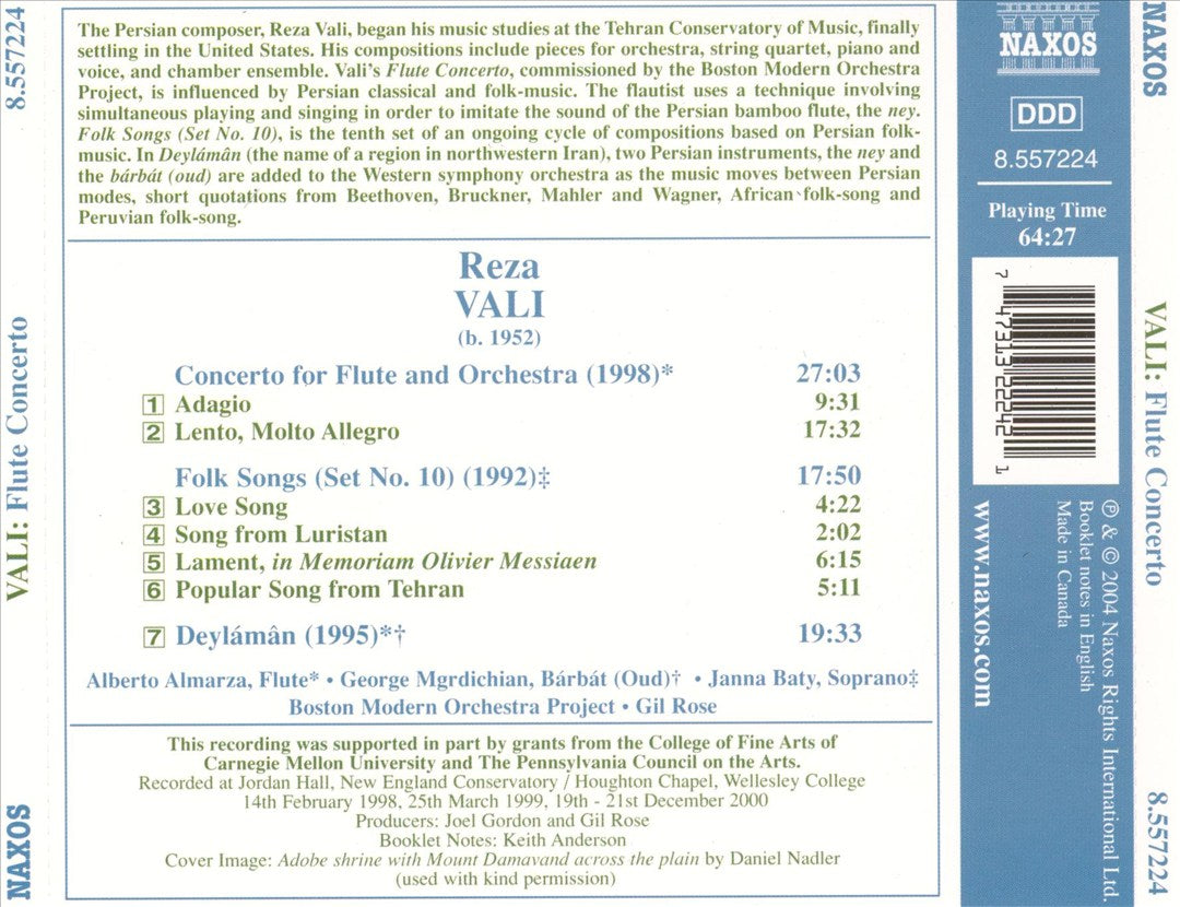 Reza Vali: Flute Concerto; Deylámân; Folk Songs (Set No. 10) cover art