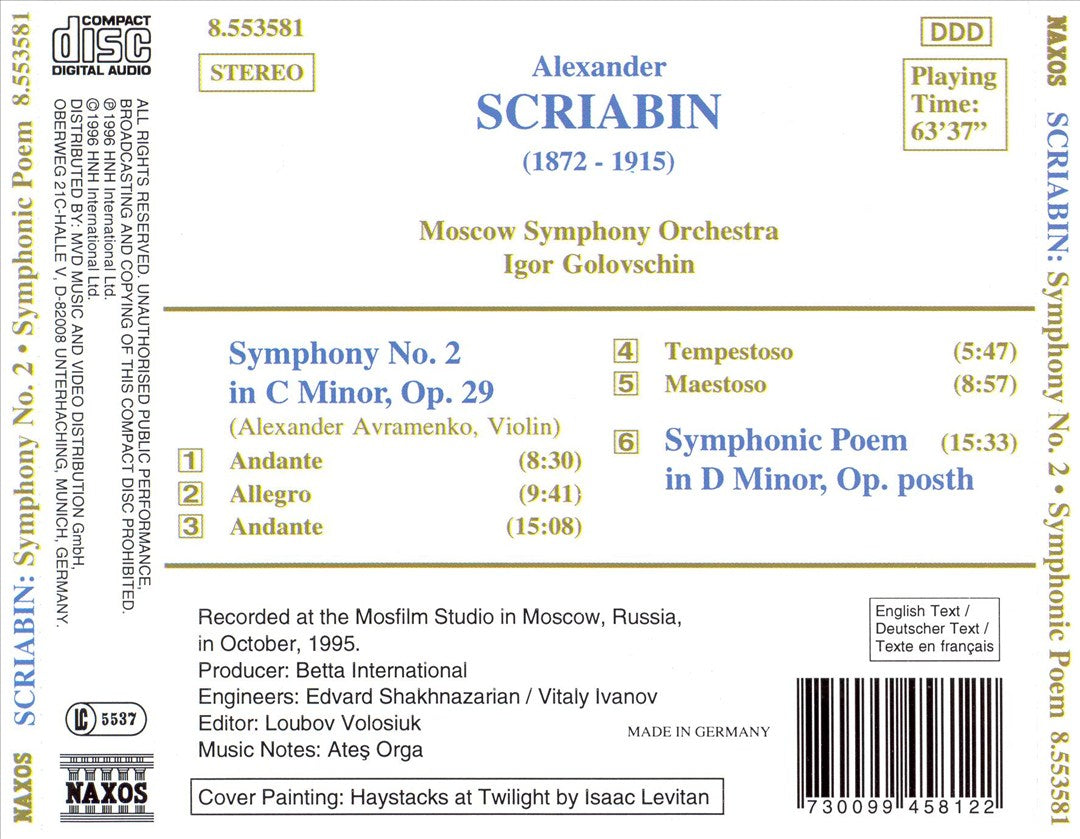 Scriabin: Symphony No. 2; Symphonic Poem in D minor cover art
