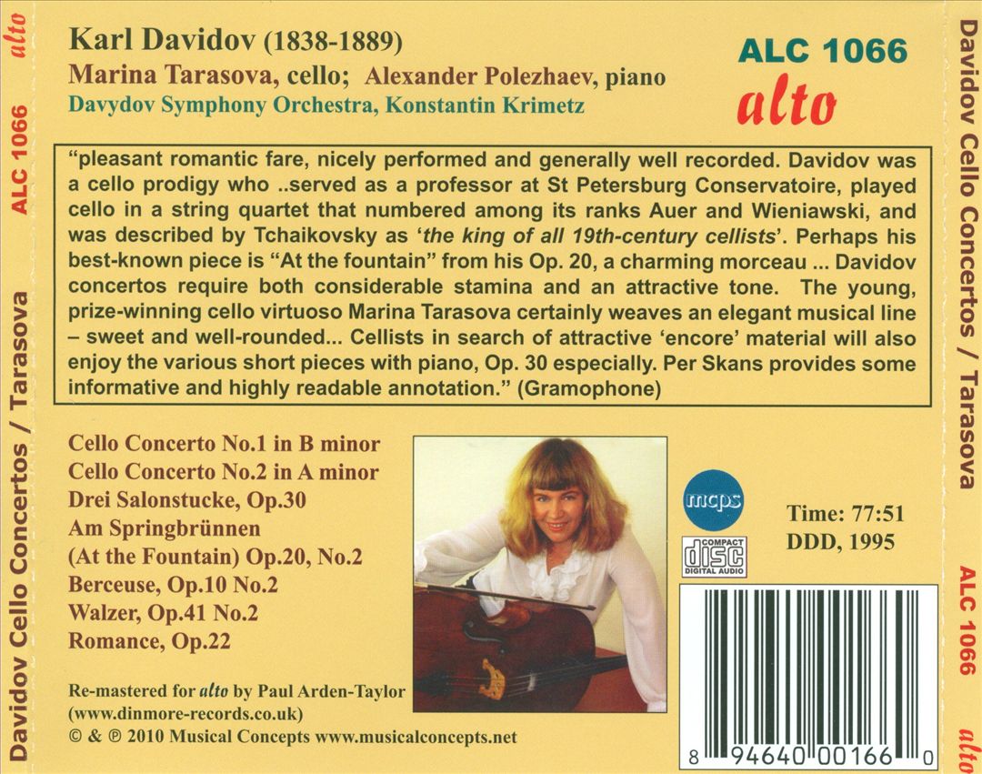Karl Davidov: Cello Concertos 1 & 2; 3 Salon Pieces; At the Fountain; Berceuse-Romance cover art