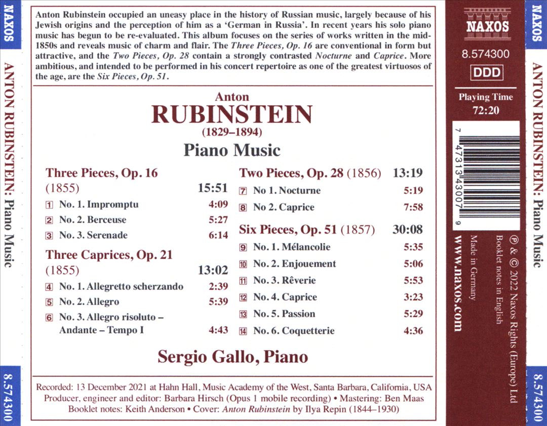 Anton Rubinstein: Piano Music - Three Caprices, Op. 21, Six Pieces, Op. 51 cover art