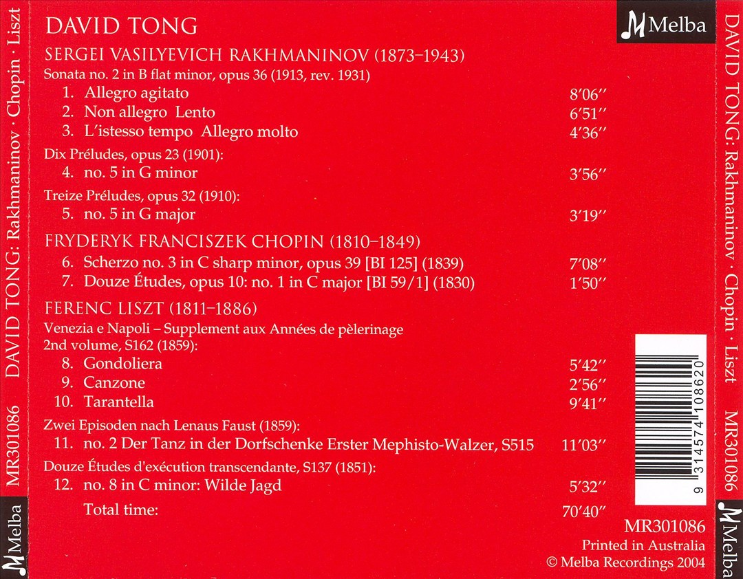 David Tong plays Rachmaninov, Chopin & Liszt cover art