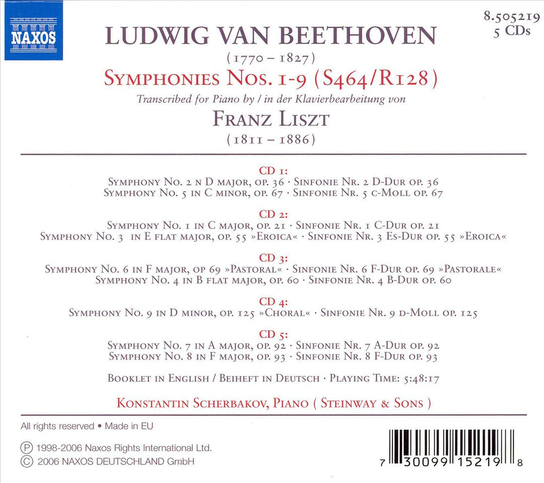 Beethoven Symphonies Nos. 1-9 Transcribed by Liszt [Box Set] cover art