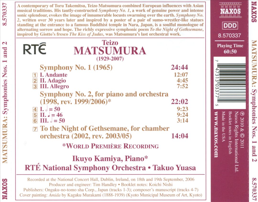 Teizo Matsumura: Symphonies Nos. 1 & 2; To the Night of Gethsemane cover art