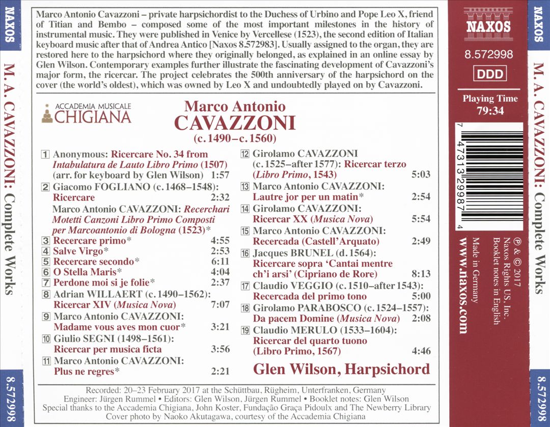 Marco Antonio Cavazzoni: Complete Works - Italian Ricercars cover art