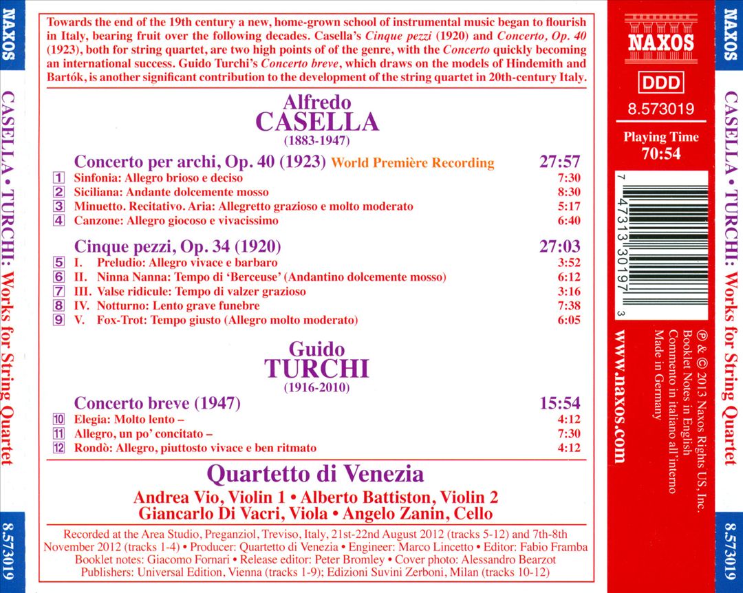 Alfredo Casella: Concerto per archi; Cinque pezzi; Guido Turchi: Concerto breve cover art