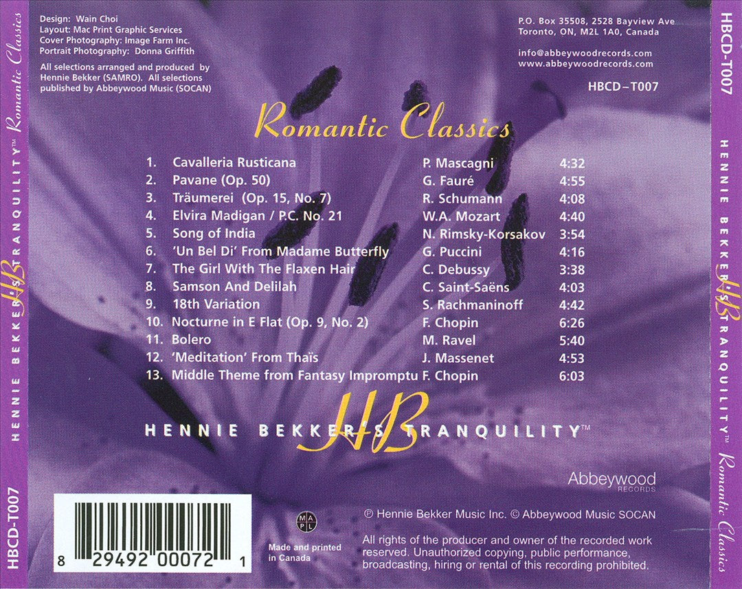 Hennie Bekker's Tranquility: Romantic Classics cover art
