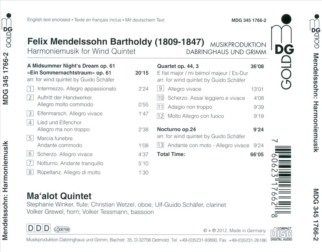 Mendelssohn: Harmoniemusik for Wind Quintet cover art