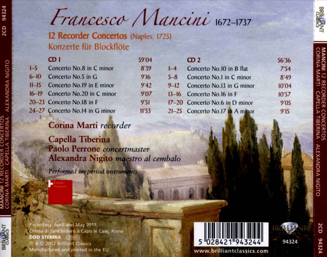 Francesco Mancini: 12 Recorder Concertos cover art