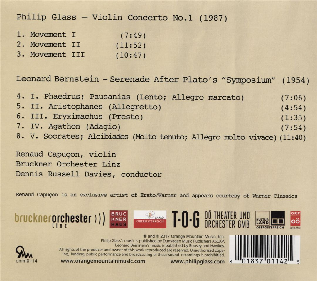 Philip Glass: Violin Concerto No. 1; Bernstein: Sereande After Plato's Symposium cover art