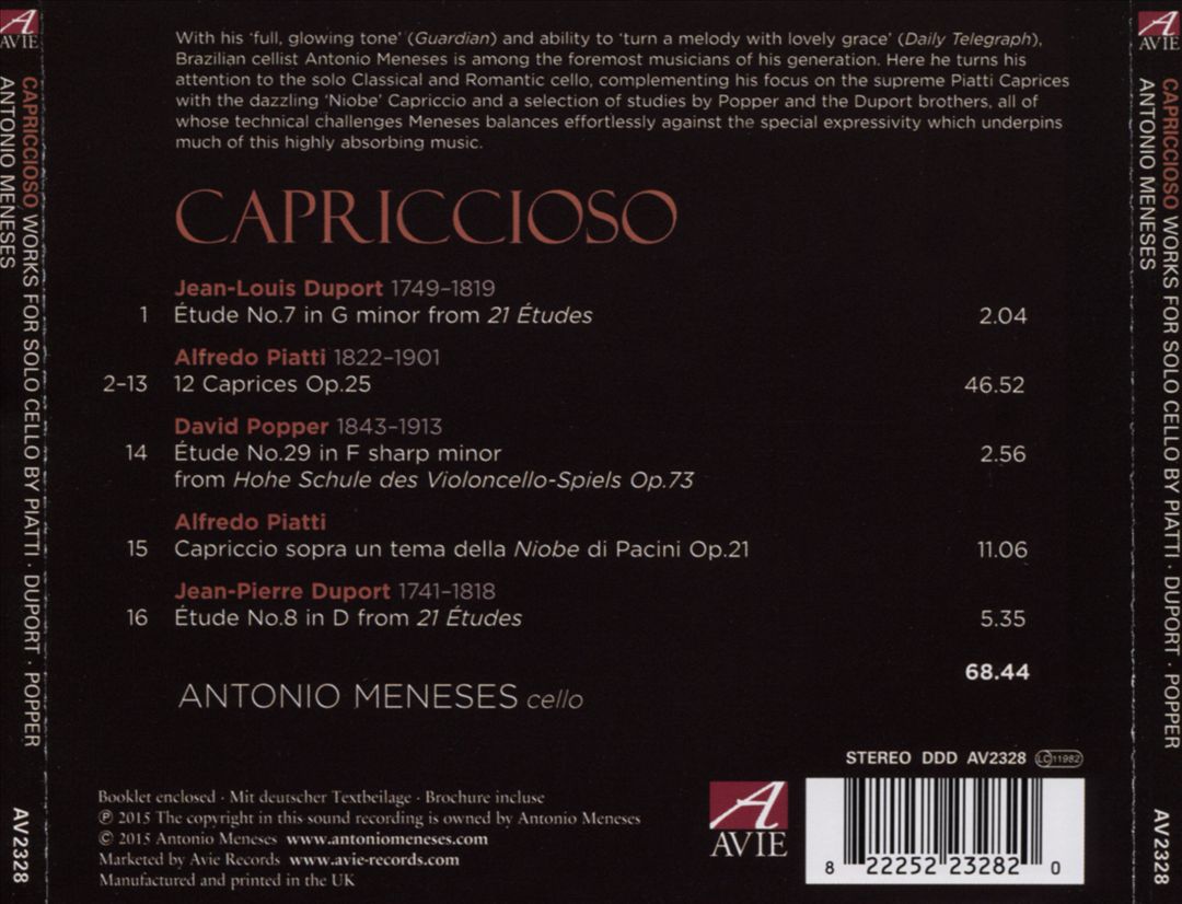 Capriccioso: Works for Solo Cello by Piatti, Duport, Popper cover art