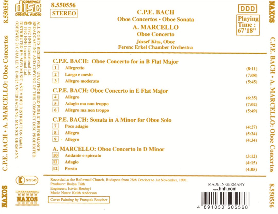C.P.E. Bach: Oboe Concertos, Oboe Sonata; A. Marcello: Oboe Concerto cover art