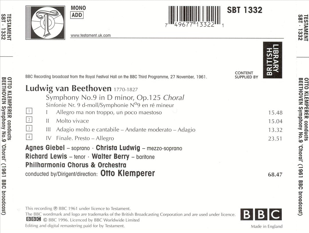 Beethoven: Symphony No. 9 "Choral" [1961 Live Recording] cover art
